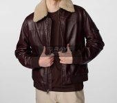 Men Aviator Leather Bomber Jacket with Fur Hood Brown