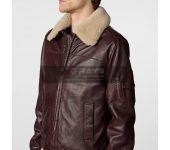 Men Aviator Leather Bomber Jacket with Fur Hood Brown