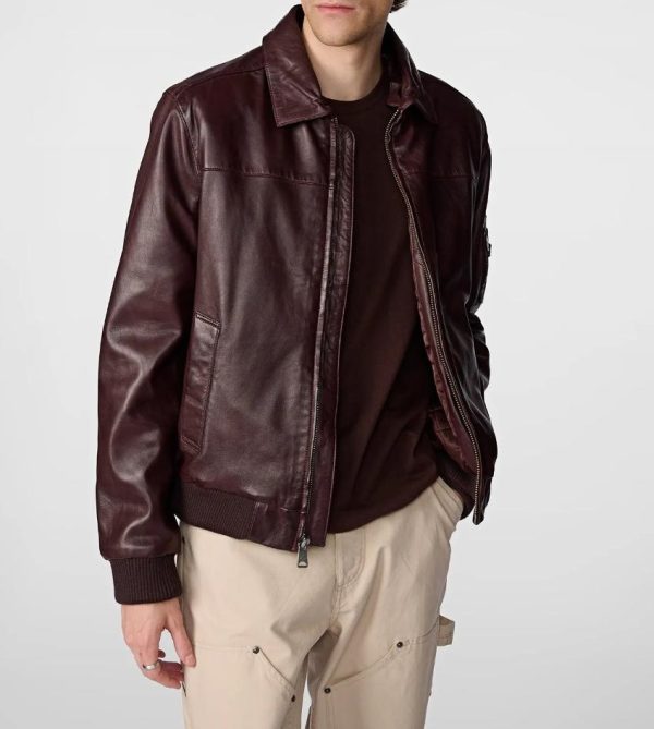 Men Aviator Leather Bomber Jacket with Fur Hood Brown