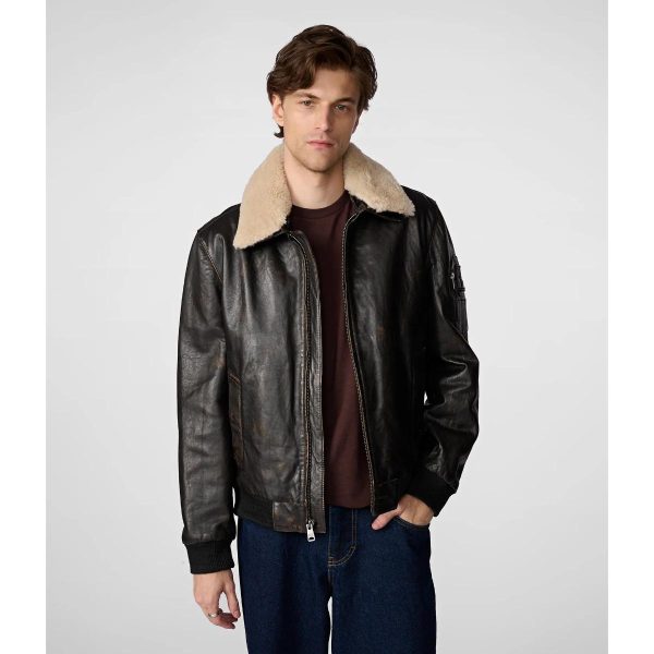 Men Aviator Leather Bomber Jacket with Fur Hood Brown