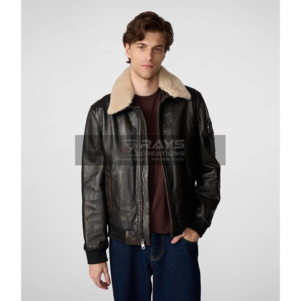 Men Aviator Leather Bomber Jacket with Fur Hood Brown