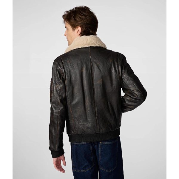 Men Aviator Leather Bomber Jacket with Fur Hood Brown