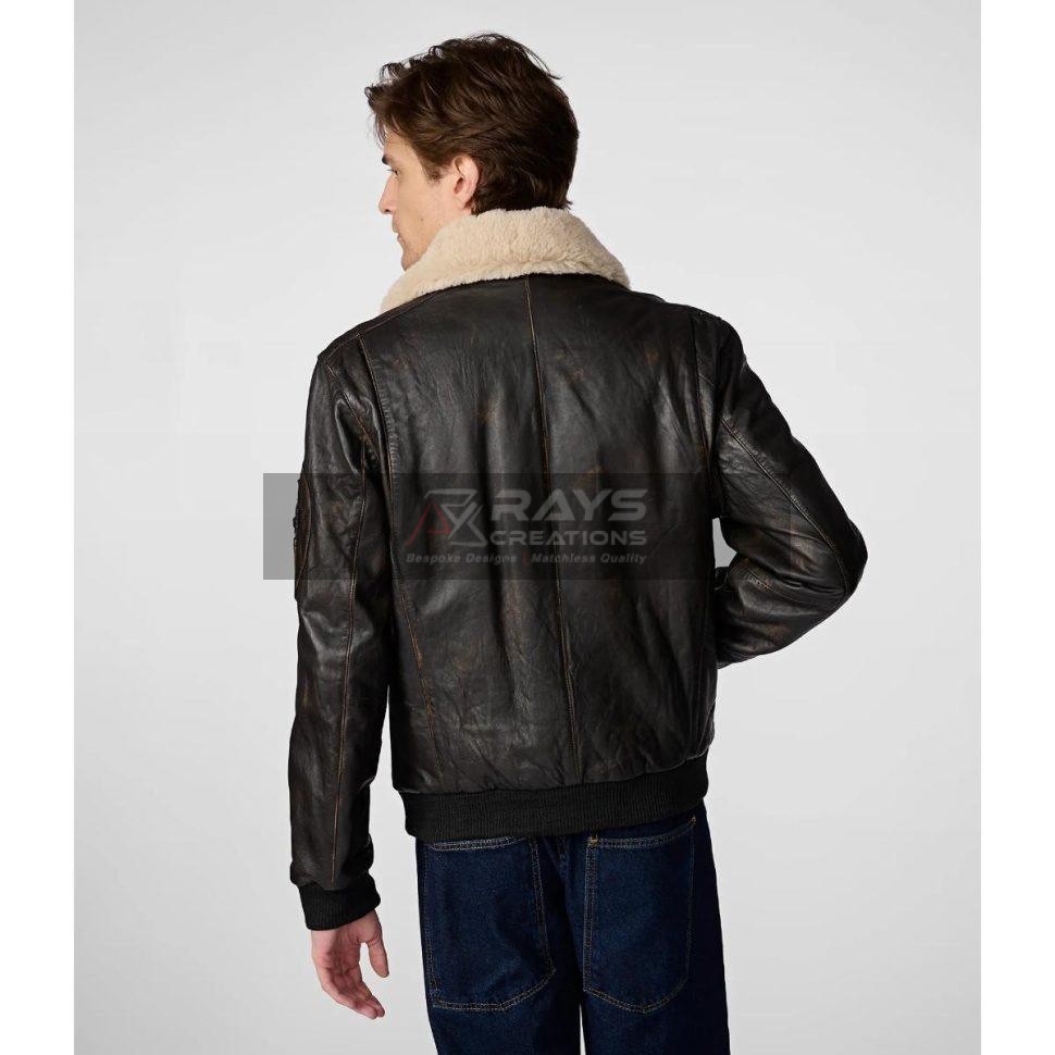 Men Aviator Leather Bomber Jacket with Fur Hood Brown