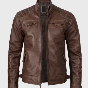 Mens Quilted Shoulder Coffee Brown Biker Leather Jacket