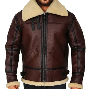 Mens Shearling Brown Bomber Leather Jacket