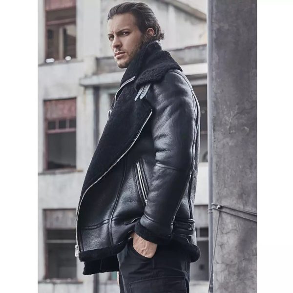 Mens Black Aviator Sheepskin Bomber Shearling Jacket