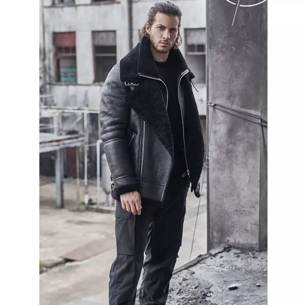 Mens Black Aviator Sheepskin Bomber Shearling Jacket