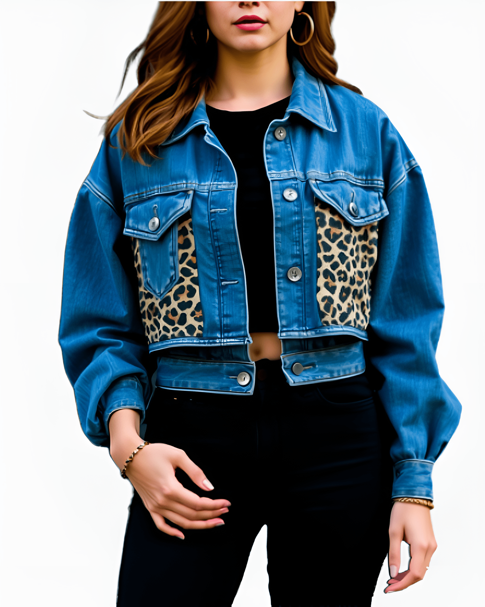 Cropped Patchwork Pocket Blue Denim Jacket