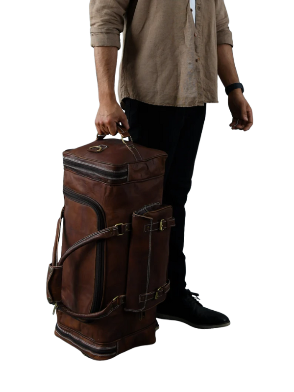 Brown Leather Weekender Duffel Bag with Multiple Pockets