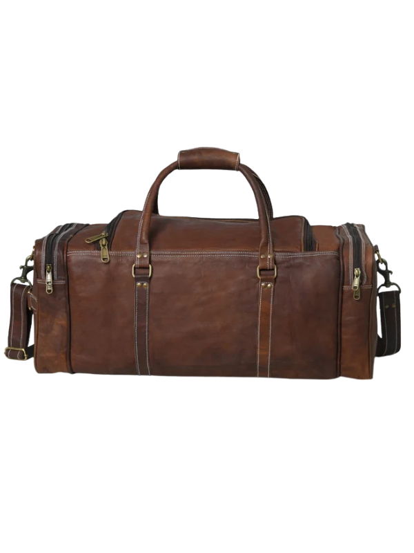 Brown Stylish Leather Weekender Duffel Bag with Multiple Pockets