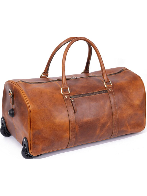 Durable Brown Leather Wheeled Duffel Bag for Travel