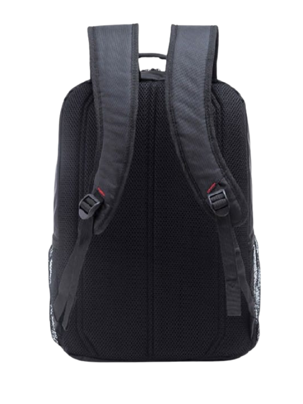 Sleek Black Laptop Bag with Red Accent and Multiple Compartments