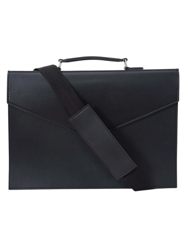 Stylish Black Laptop Bag with Metal Closure and Detachable Strap