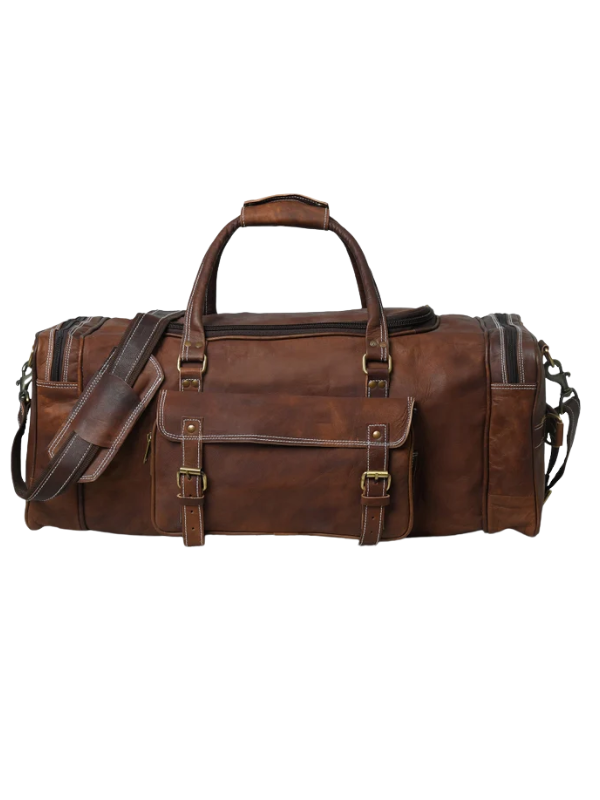 Stylish Brown Leather Duffel Bag with Multiple Pockets