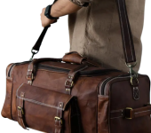 Stylish Brown Leather Weekender Duffel Bag with Multiple Pockets