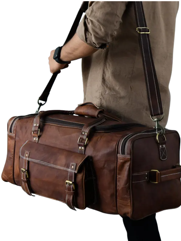 Stylish Brown Leather Weekender Duffel Bag with Multiple Pockets