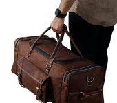 Stylish Brown Leather Weekender Duffel Bag with Pockets