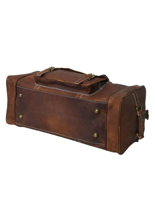 Stylish Brown Leather Weekender Duffel Bag with Pockets Multiple