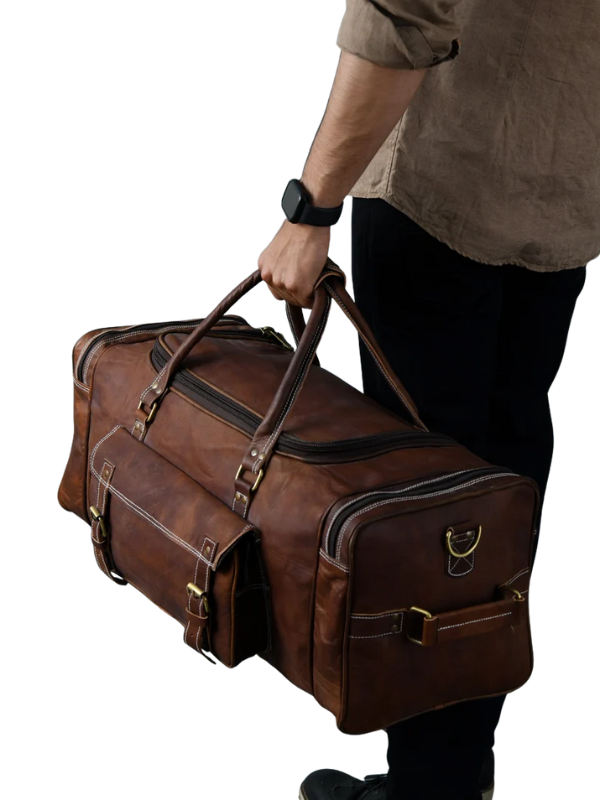 Stylish Brown Leather Weekender Duffel Bag with Pockets