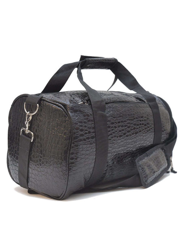 Trendy Black Croc-Embossed Duffel Bag with Dual Carry Handles and Strap