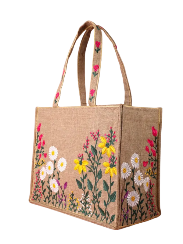 Women's Embroidered Floral Jute Tote Bag