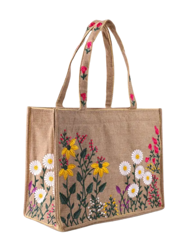 Womens Embroidered Floral Jute Tote Bag