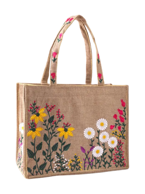 ladie's Embroidered Floral Jute Tote Bag