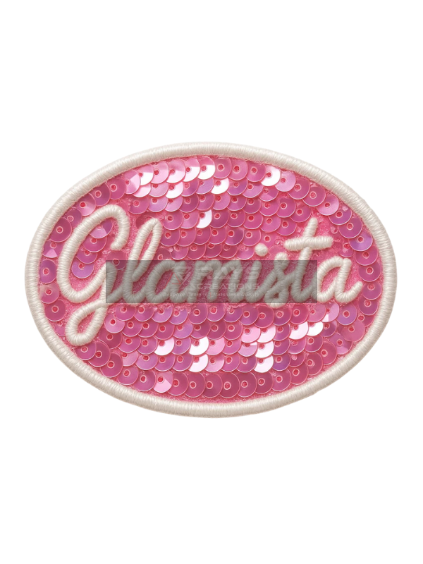 Custom Sequin Patch Glamista Logo with pink and white Sequins